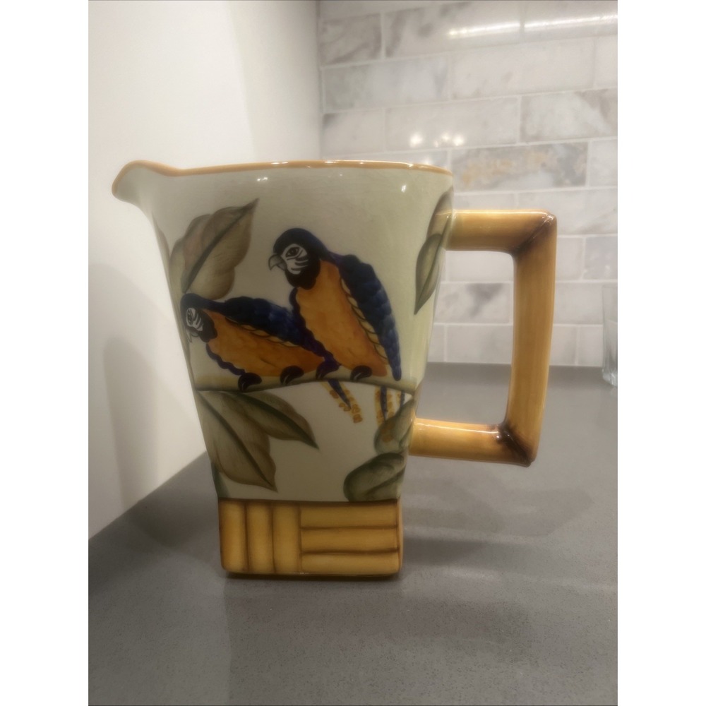 Pacific Rim Pitcher with Parrots & Bamboo Border/Handle  8"x 8"